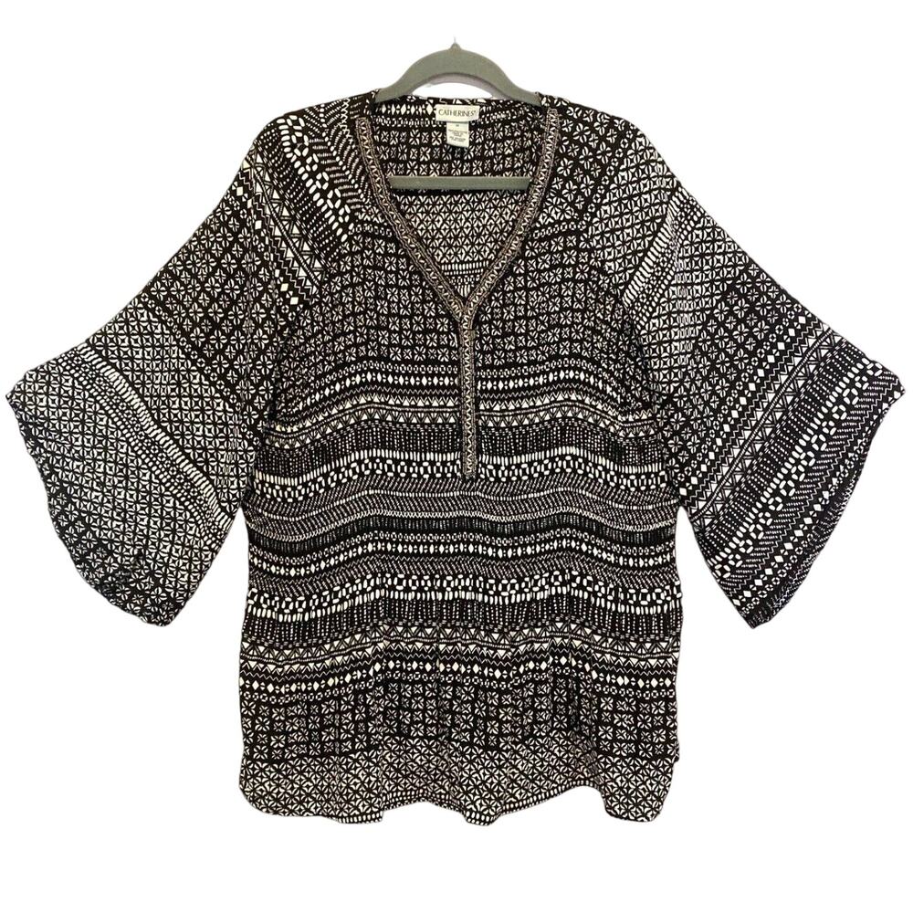 CATHERINES Women Sz 1X Tunic Top Beaded Neck Kimono Sleeve Accordion Pleat Black